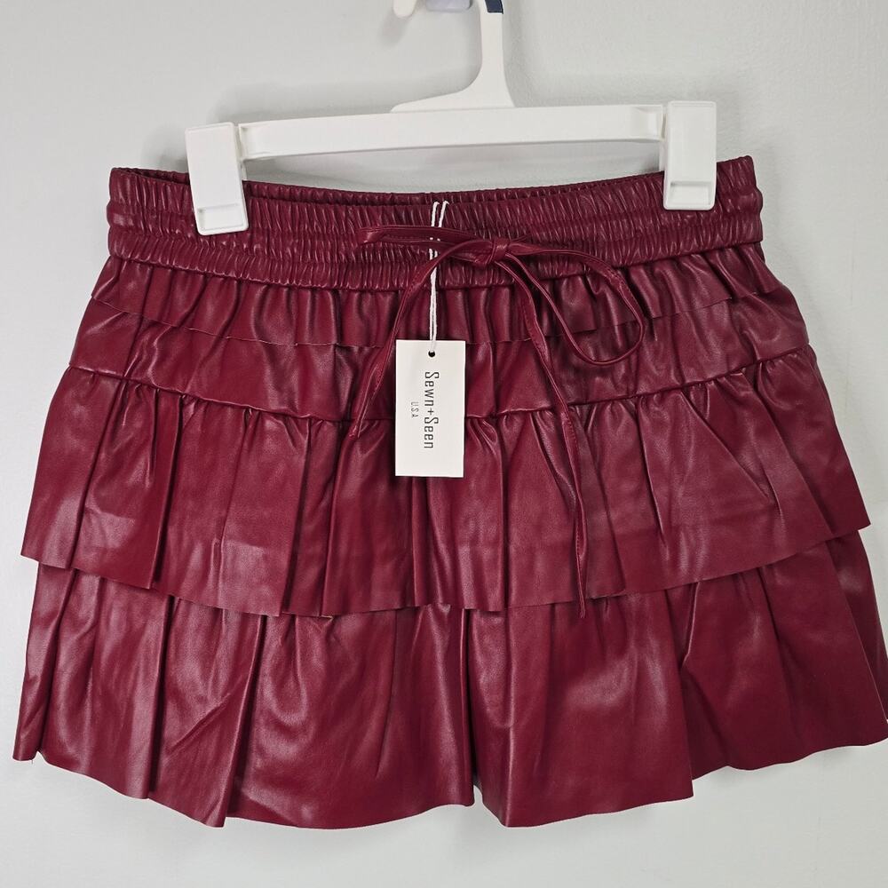 Sewn+Seen burgundy leather ruffle mini skort NWT